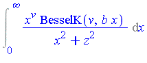 Int(x^v*BesselK(v, b*x)/(x^2+z^2), x = 0 .. infinity)