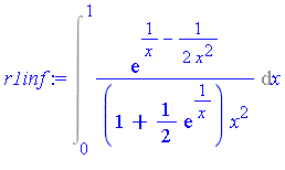 Int(exp(1/x-1/2/x^2)/((1+1/2*exp(1/x))*x^2), x = 0 .. 1)