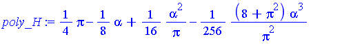 1/4*Pi-1/8*alpha+1/16*alpha^2/Pi-1/256*(8+Pi^2)*alpha^3/Pi^2+1/128*(2+Pi^2)*alpha^4/Pi^3-1/16384*(128+160*Pi^2+3*Pi^4)*alpha^5/Pi^4