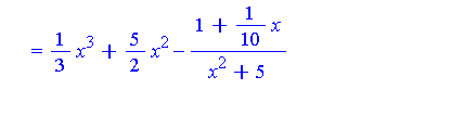 Int((x^6+5*x^5+10*x^4+50*x^3+25*x^2+127*x-1)/(x^4+10*x^2+25), x) = 1/3*x^3+5/2*x^2-(1+1/10*x)/(x^2+5)+Int(-1/10/(x^2+5), x)