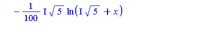 Int(-1/10/(x^2+5), x) = 1/100*I*5^(1/2)*ln(-I*5^(1/2)+x)-1/100*I*5^(1/2)*ln(I*5^(1/2)+x)