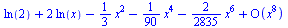 series(`+`(`+`(ln(2), `*`(2, `*`(ln(x)))), `-`(`*`(`/`(1, 3), `*`(`^`(x, 2)))), `-`(`*`(`/`(1, 90), `*`(`^`(x, 4)))), `-`(`*`(`/`(2, 2835), `*`(`^`(x, 6)))))+O(`^`(x, 8)),x,8)