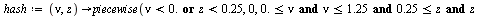 `assign`(hash, proc (nu, z) options operator, arrow; piecewise(`or`(`<`(nu, 0.), `<`(z, .25)), 0, `and`(`and`(`and`(`<=`(0., nu), `<=`(nu, 1.25)), `<=`(.25, z)), `<=`(z, .546875)), 1, `and`(`and`(`and...